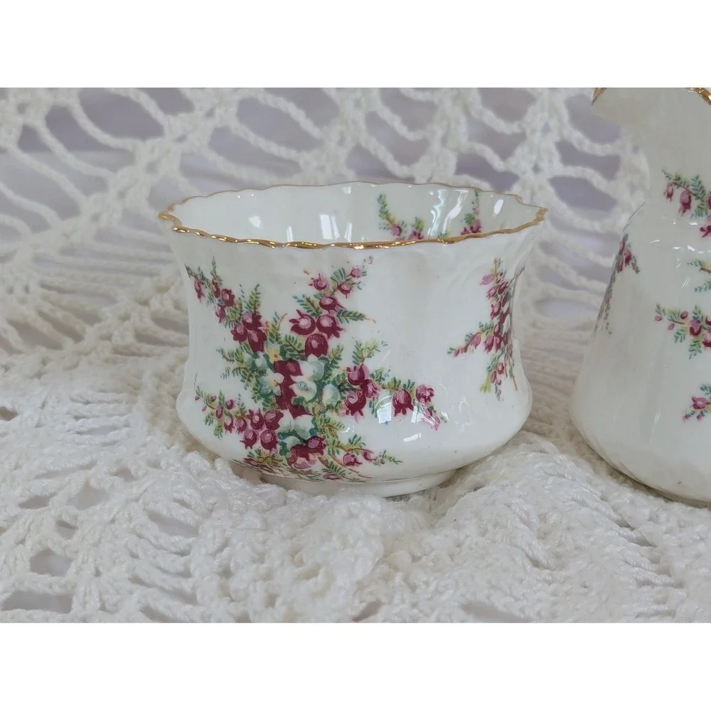 Hammersley China Cream and Sugar Set Pink Heather Gold Trim 4060 Made in England